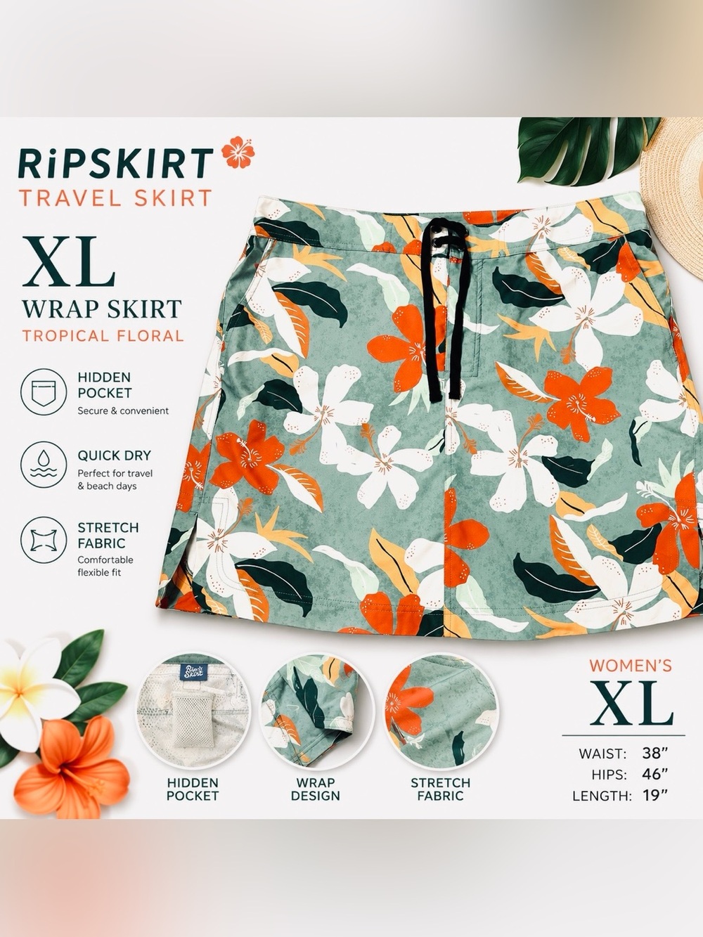 RipSkirt Tropical Floral Travel Skirt XL Hidden Pocket Quick Dry Stretch